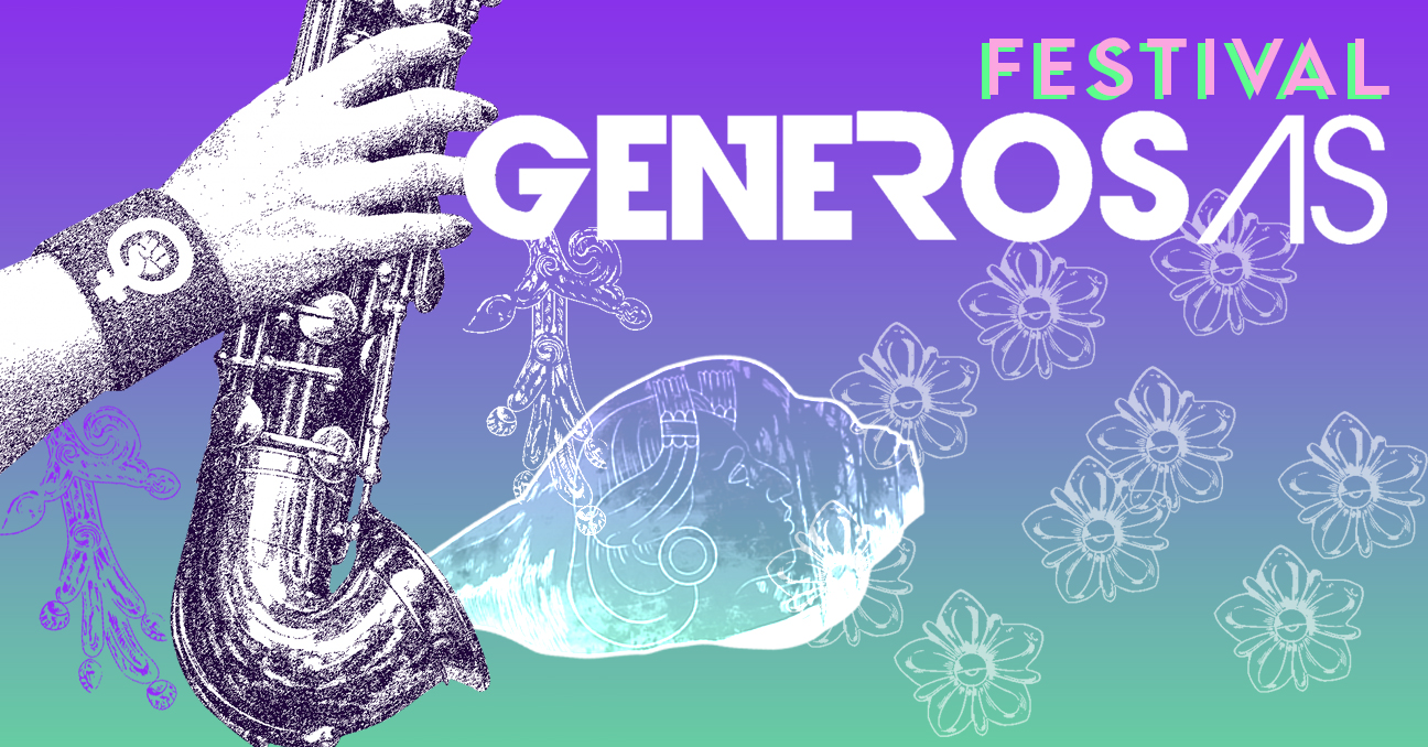 La mano de una música sostiene un saxofón con un fondo de caracolas y flores. La imagen también tiene el texto Festival Generosas